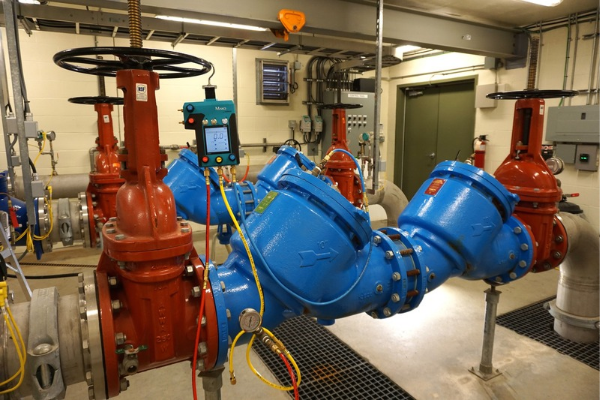 CCC Backflow Device Picture of a red and blue backflow device.